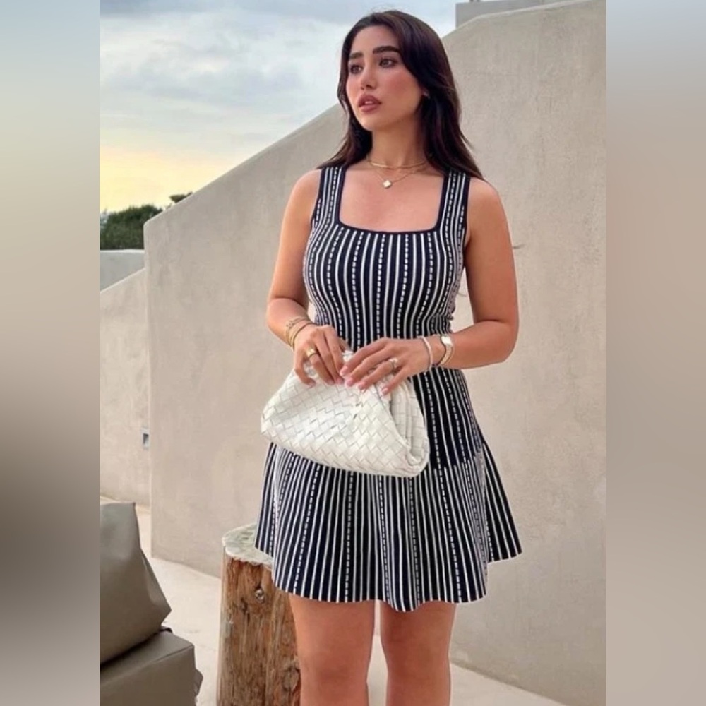 Zara Striped Knit Mini Dress Women’s S Navy White Fit Flare Nautical